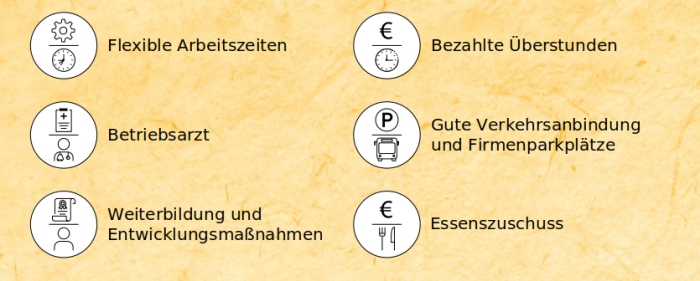 Flexible Arbeitszeiten, Betriebsarzt, Bezahlte Überstunden, Weiterbildung und Entwicklungsmaßnahmen, Essenszuschuss, Gute Verkehrsanbindung und Firmenparkplätze